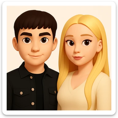 Slightly increase the volume of the upper body of the girl, separate the girl and the boy from each other, and make the skin color the same for both characters. Maintain the cartoon style and keep a clean background. sticker