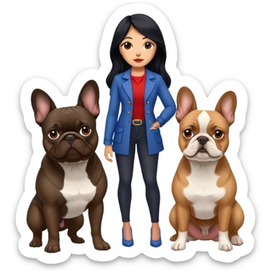 latin woman with long black hair standing alongside two French bulldogs  sticker