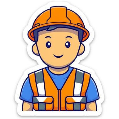 Chinese man wearing orange safety helmet and high visibility vest sticker