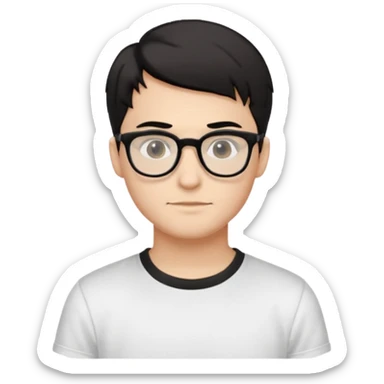 Style anchor + Young adult male American, light-medium skin, short black hair, white crew-neck tee, thin black-rim glasses, friendly neutral. sticker