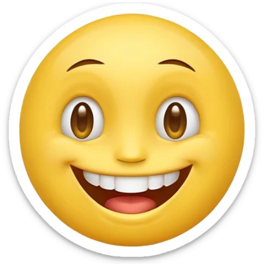 A smiling yellow face emoji with wide open eyes and a big, cheerful smile showing upper teeth, glossy and smooth shading, bright colors, clean and simple design in the style of Apple iOS emoji set, high resolution, vector style sticker