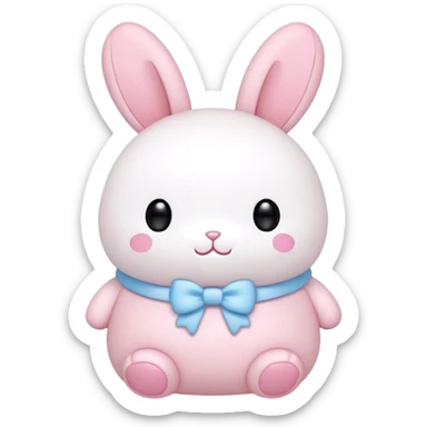 A fat bunny in authentic Sanrio style exactly like Hello Kitty and My Melody, super simplified features, extremely kawaii, tiny body with oversized head, minimal dot eyes, no nose, tiny simple mouth, pastel pink and baby blue colors, clean bold black outlines sticker
