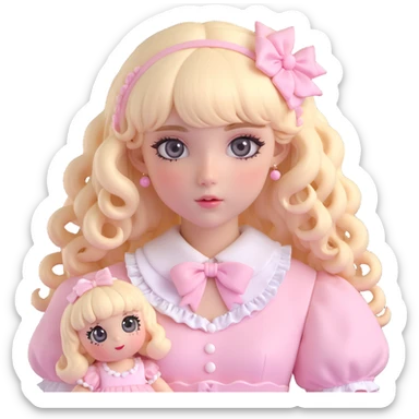 pale girl , who has curly medium length blonde and baby pink swirled hair with bangs , grey eyes , and doll like makeup , in a light pink lolita hime gyaru dress  sticker