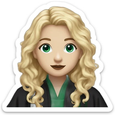 Girl Blue eyes black Slytherin robes with short wavy ash blonde hair eating chips and cheese hogwarts robe sticker