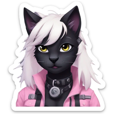 Gorgeous furry dark cyberpunk techwear anime style anthro black cat fursona with blushing face aesthetic and pretty edgy black with collar and harness trending style sticker