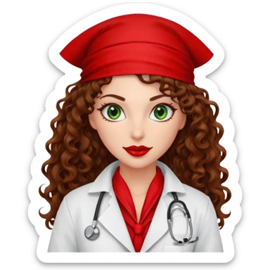 Spanish sexy evil woman. She has green eyes.  had brown long curly hair.  evil surgeon kills with needle wears red sexy doctor coat with red mouth bandana red gloves.  sticker