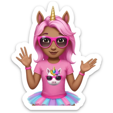 friendly anthropomorphised female unicorn in tutu and pink t-shirt, wearing dark sunglasses, standard pose, head and shoulders portrait sticker