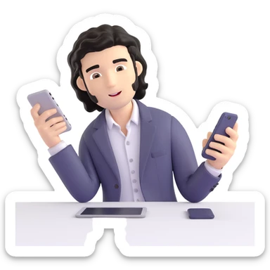 Business strategist with black wavy hair, stubble, chiseled face, wearing blazer and button-up shirt, working on digital devices, surrounded by data visualizations and AI technology, innovative tech-savvy expression sticker