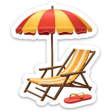Icon for Beach Tourism: a sunny beach with the sea and waves, a lounge chair, a sun umbrella, and flip-flops on the sandy shore. The background should be a clear, vibrant ocean view with the sun shining brightly. Transparent background. sticker