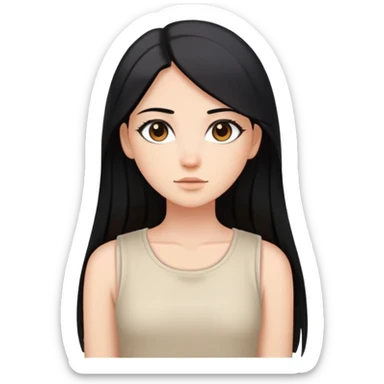 Female with straight long black hair parted in middle, beige skin, big brown eyes, natural makeup, white sleeveless top sticker