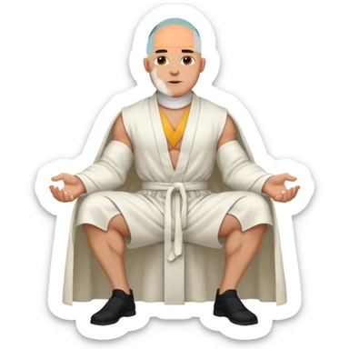 fullbody jacked bald guy, sleeveless and unbuttoned in full white robe sitting sticker