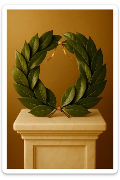 A realistic laurel wreath made of fresh or natural-looking laurel leaves, neatly woven into a circle. The leaves are glossy, rich green, with golden veins. The wreath is adorned with a thin golden ribbon tied in a bow at the back. The wreath is placed on a white marble pedestal or cushion. sticker
