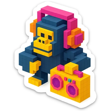 voxel style gorilla with headphones, holding a boombox, isometric view sticker