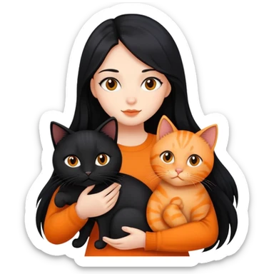 A girl with long black hair is holding a black cat, an orange cat, and a black cat sticker