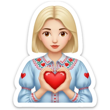 A Ukrainian woman in an embroidered shirt holds a heart in her hands sticker