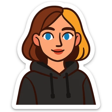 designer girl with blue eyes, brown and blonde hair to shoulders, black hoodie sticker