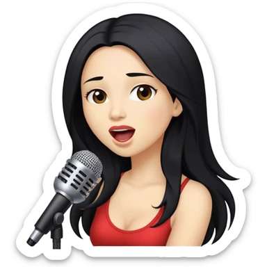 Woman with long black hair singing into a microphone sticker