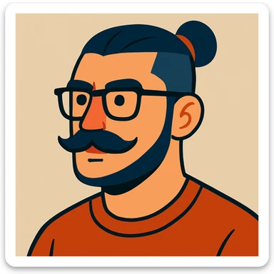 A vibrant cartoon style illustration of a guy with a moustache and a man bun, low taper fade haircut, wearing glasses, neutral background. sticker