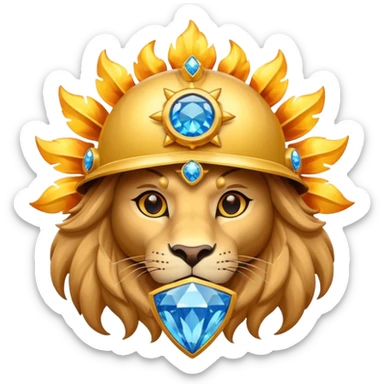 Lion with helmet shaped like the sun with a blue diamond shaped gem in the middle with fire powers that can fly sticker