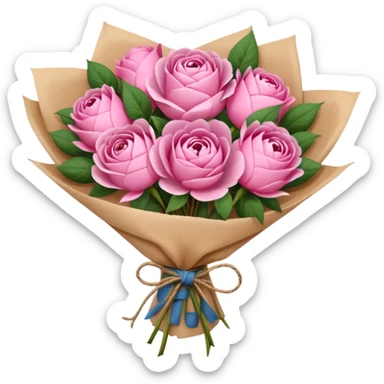 Bouquet of pink flower like rose and peony wrapped in kraft paper sticker