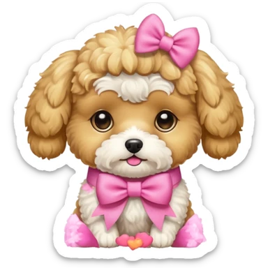 Golden maltipoo dog with pink bow k bow that is very poise sticker