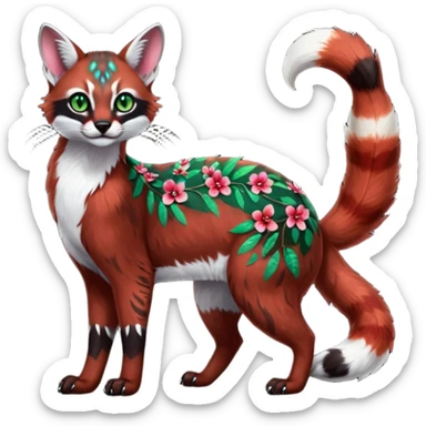 Colorful dark tropical sanguine-red, black, white fur, with green eyes, iridescent glorious divine exotic cute cool beautiful shiny beautiful floral fantasy-caracal-civet-genet-sergal-vernid-Cacomistle-oncilla-animal-Fakémon-hybrid-fursona with pattern markings (full body) sticker