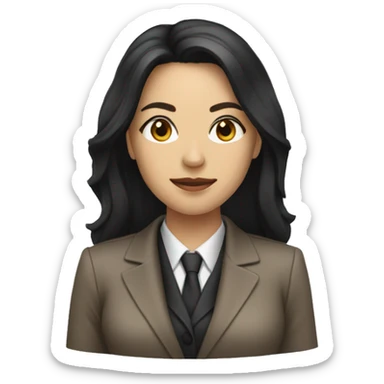Female defense attorney with long black hair with brown suit sticker