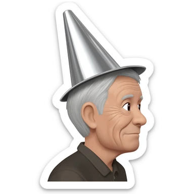 gere um emoji de um velho olhanddo para o lado com um chapéu de alumínio em forma de cone sticker