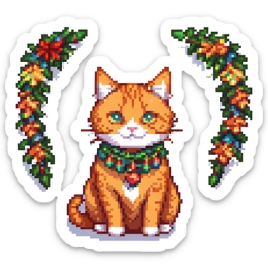 orange cat in pixel art style, minimalist gaming style, Christmas garland like on a New Year tree sticker