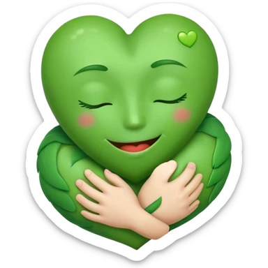green face emoticon with closed eyes hugging a green heart, expressing care and support sticker