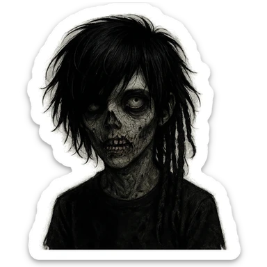 boy zombie with black medium-long shaggy hair and dreads, emo style, dark and spooky, creepy face sticker