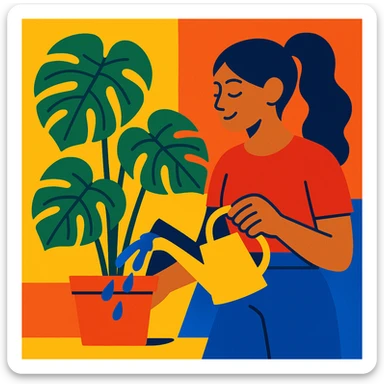 woman watering her monstera plant sticker