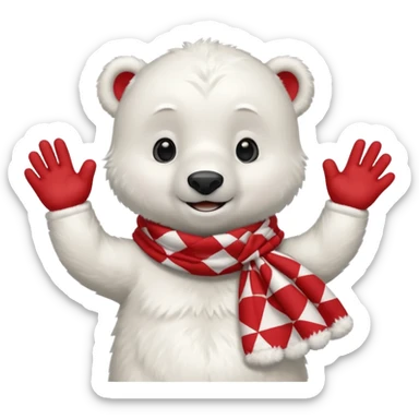baby Polar Bear, smiling, hi five, wearing red Checkered Triangle scarf sticker