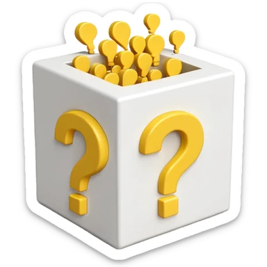 white cube shaped box printed with "q&a" over stuffed with yellow question marks sticker