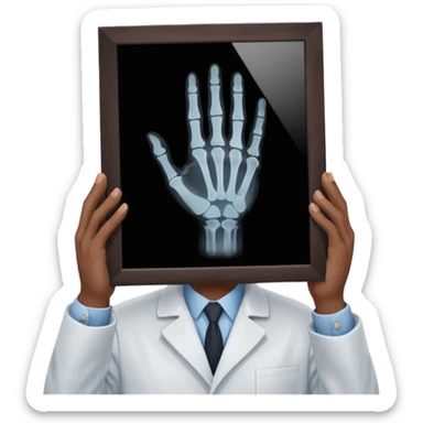 Radiografía de mano sostenida por un hombre con bata blanca  piel clara cabello café obscuro sticker