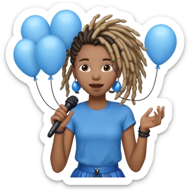 Black girl Stud with dreadlocks singing 1,2,3 release em with white and blue balloons flying overhead emoji like with mic in hand  sticker