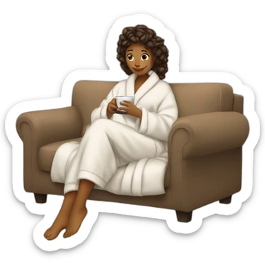Woman on couch in bathrobe and slippers curling up clutching a coffee sticker