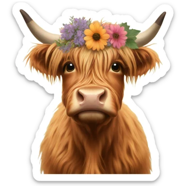 Highland cow with a flower crown sticker