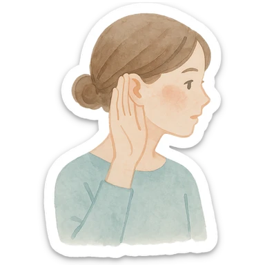 girl listening to viewer, side view, hand to ear, soft watercolor style sticker