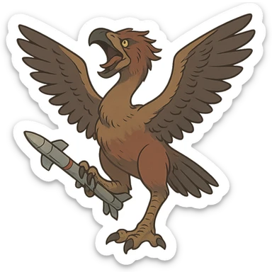 an insignia for a flag: a strange foreign alien bird creature, resembling a prehistoric phorusrhacos, gripping a sidewinder missile in its' powerful claw, standing up on its' other claw, cawing fiercely, wings spread in defiance.
 sticker