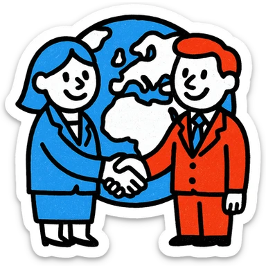 A lively icon of two businesspeople shaking hands over a world map, using only colors #1E90FF, #F13816, and #FFFFFF sticker