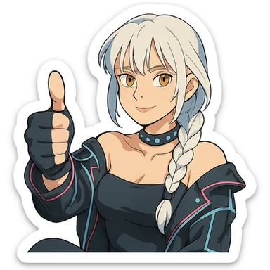  she is throwing a huge emphatic thumbs up, a closeup portrait of young woman with gold yellow eyes, white hair, long braid, black off-shoulder top d-cup, punk gothic style, futuristic cyberwave cyberpunk, sitting position
 sticker