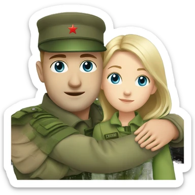 russian soldier with blue eyes hug girl with green eyes near train sticker