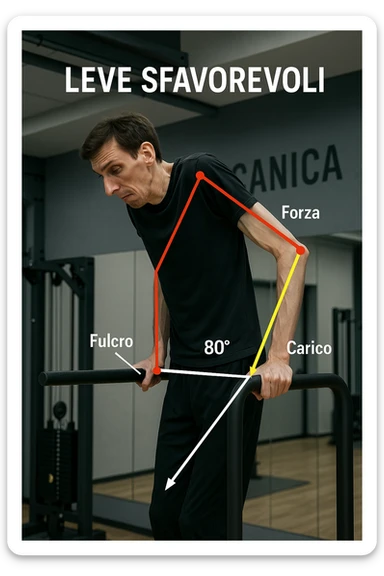 a tall, lean man with very long arms and a short torso attempts a dip on parallel bars. His elbows are deeply bent and his body appears awkwardly positioned, highlighting the mechanical disadvantage. An overlay shows anatomical lines and angles, with labels explaining “Leve Sfavorevoli” The background is a modern gym, with a focus on biomechanics. in italiano sticker