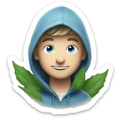 smiling Caucasian boy with blue eyes in hoodie surrounded by green leaves and smoke behind him sticker