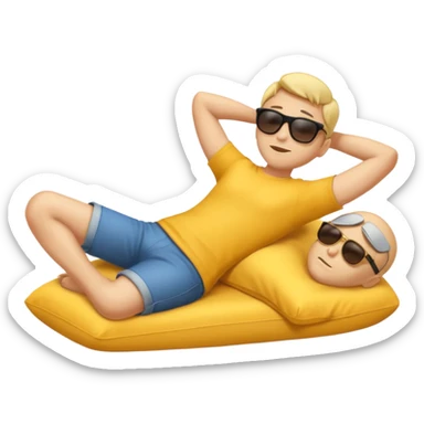 A full-body emoji man, with classic yellow skin tone, lying down or leaning back in a relaxed pose. He is wearing sunglasses and has both arms behind his head. The style should match standard emoji designs (like Apple sticker