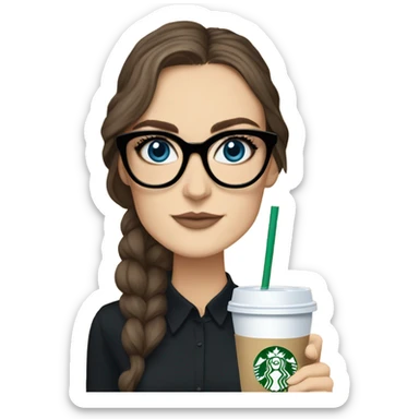 Photo of elegant Keira Knightly wearing black glasses and blue eyes holding Starbucks  sticker