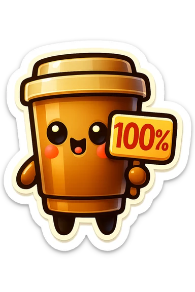 Tall coffee cup, holding sign "100%" sticker
