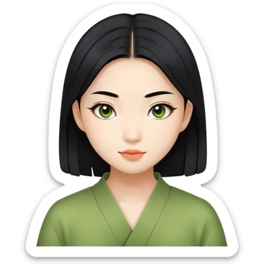 Asian girl with black mid hair and matcha sticker