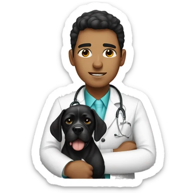 Young Mexican doctor with big black boxer dog with white face sticker